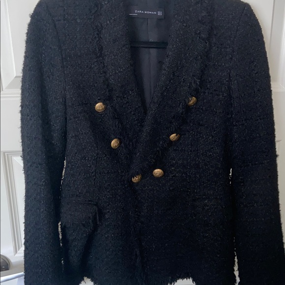 ZARA BLACK BLAZER TWEED WITH GOLD BUTTONS COAT JACKET - Picture 10 of 12